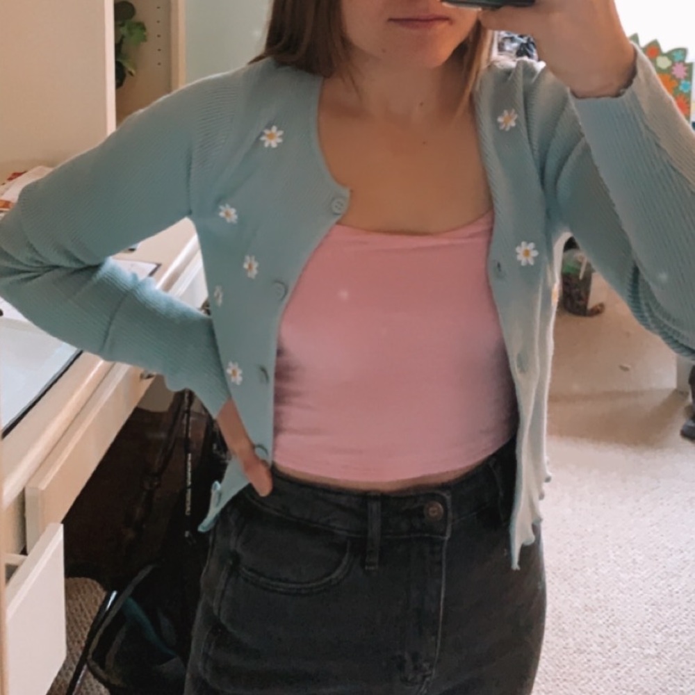 Blue Embroidered Daisy Button Cardigan